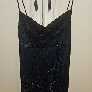 Long shimmery slip dress with embroidered lace overlay